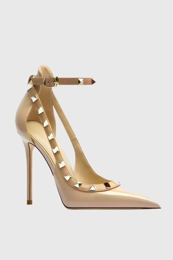 Osanya Rivet Embellished Strap Cutout Pumps  - Nude