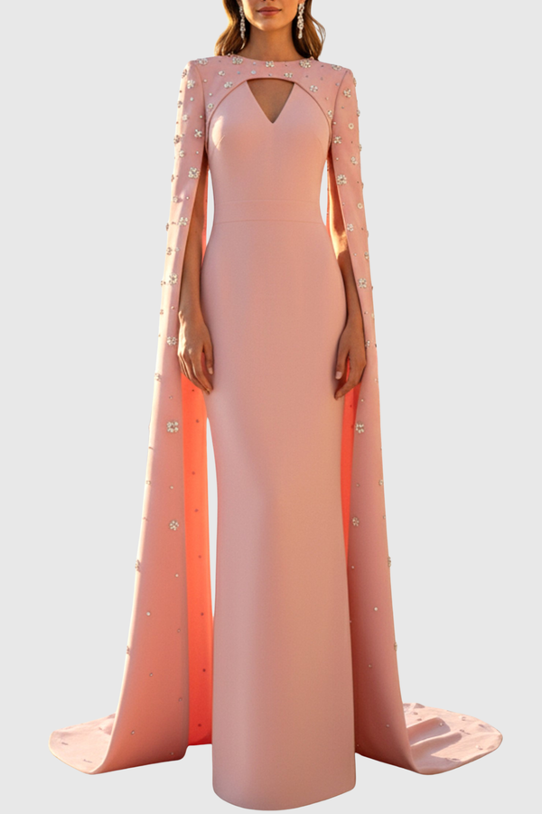Oslo Crystal Embellished Heart Cutout Cape Sleeve Maxi Dress - Pink