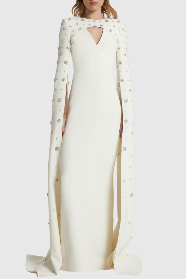 Oslo Crystal Embellished Heart Cutout Cape Sleeve Maxi Dress - White