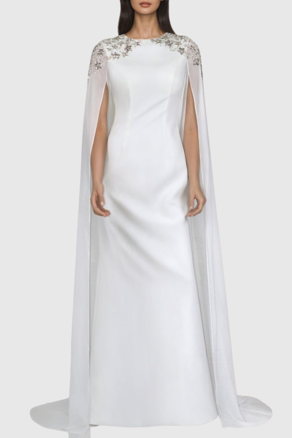 Ozuru Diamante Embellished Cape Sleeves Maxi Dress - White