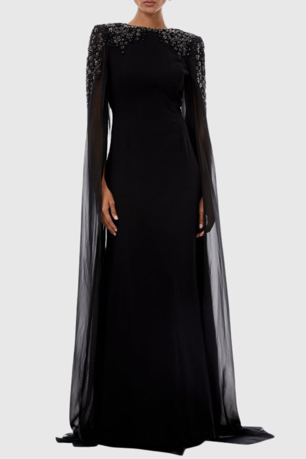Ozuru Diamante Embellished Cape Sleeves Maxi Dress