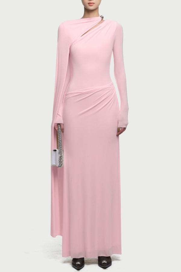 Ozzie Asymmetrical Cape-sleeve Cutout Maxi Dress - Pink