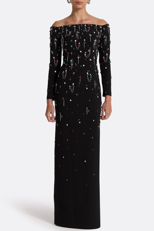 Pamaria Diamante Embroidery Off Shoulder Maxi Dress  SeenSense