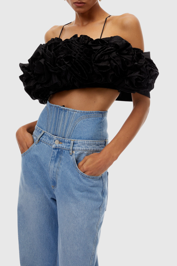 Phebe Floral Appliqué Cropped Top - Black