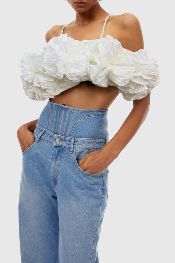 Phebe Floral Appliqué Cropped Top - White