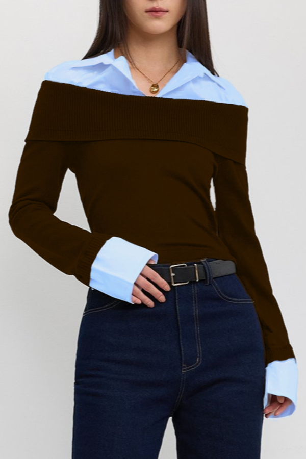 Quentia Off Shoulder Knit Shirt - Brown