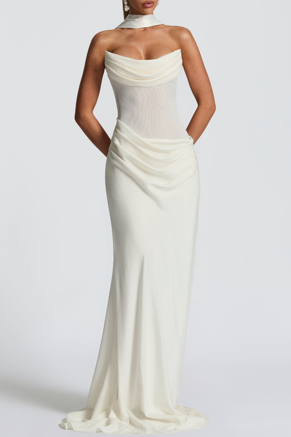 Radana Strapless Corset Satin Maxi Dress - White