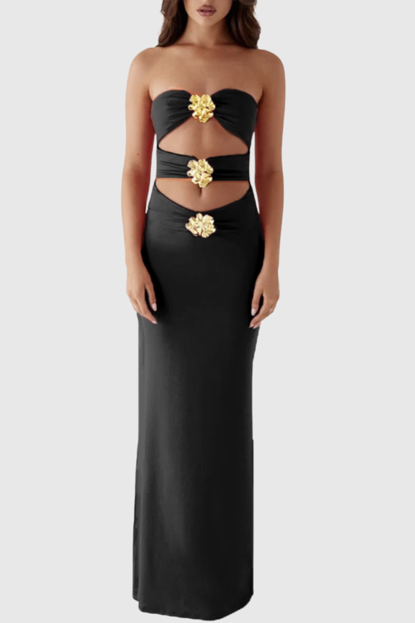 Ragka Strapless Floral Embellished Cutout Maxi Dress - Black
