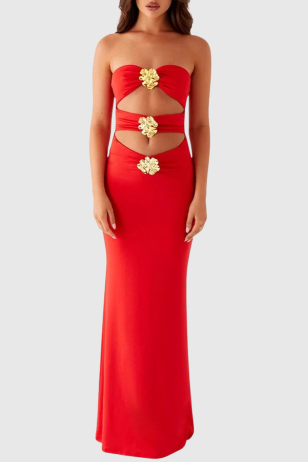 Ragka Strapless Floral Embellished Cutout Maxi Dress - Red