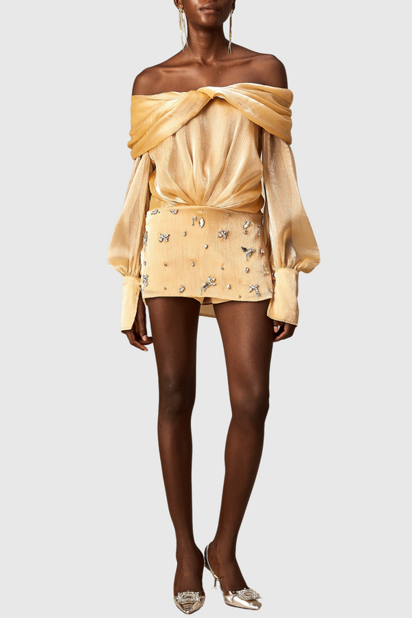 Rahar Gold Off Shoulder Rhinestone Embellished Mini Dress