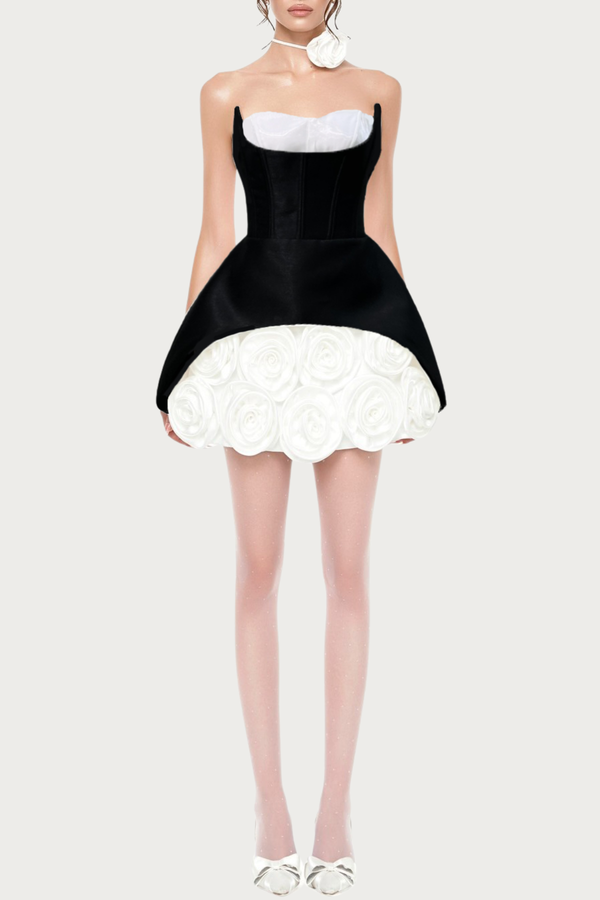 Remiel Strapless Rose Appliqué Corset Mini Dress - Black