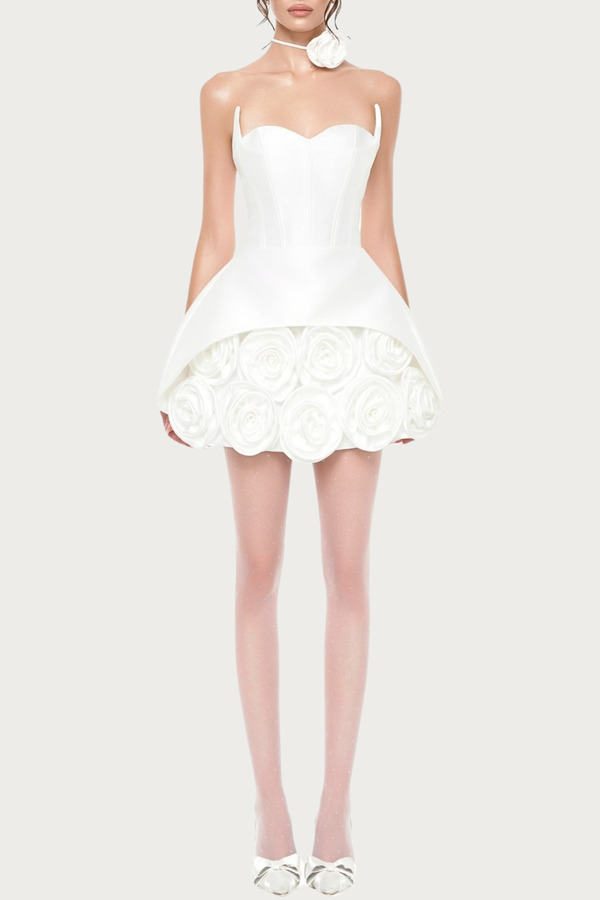 Remiel Strapless Rose Appliqué Corset Mini Dress - White