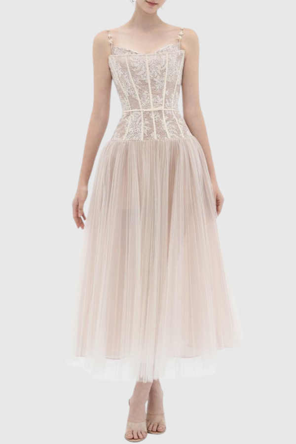 Safio Lace Corset Pleated Maxi Dress