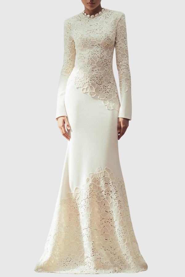 Safra Lace Sequin Satin Maxi Dress - White