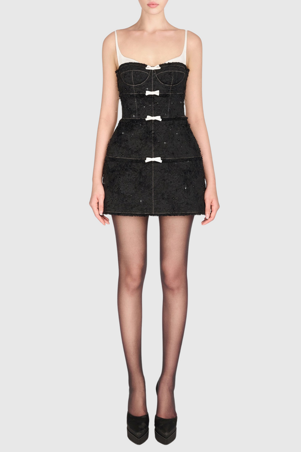 Santos Bow Jacquard Beaded Mini Dress - Black