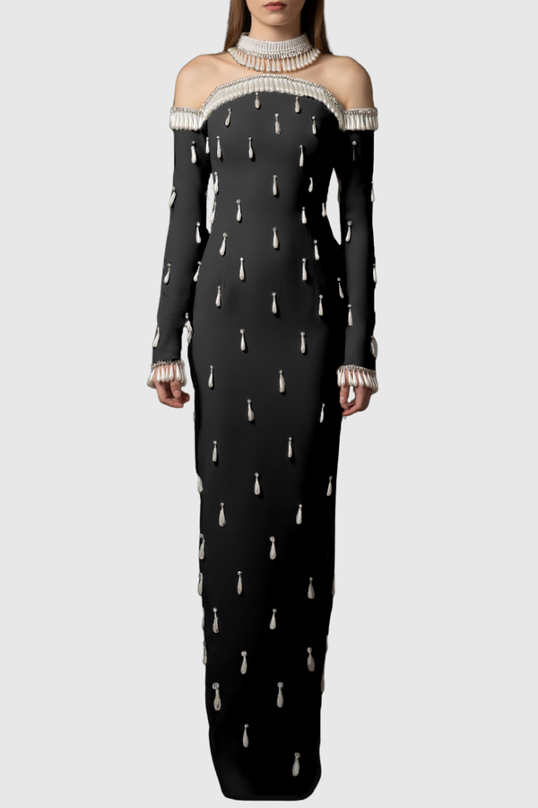 Slaia Pearl Embellished Maxi Dress - Black