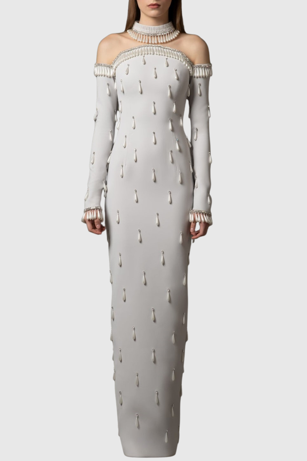 Slaia Pearl Embellished Maxi Dress - White