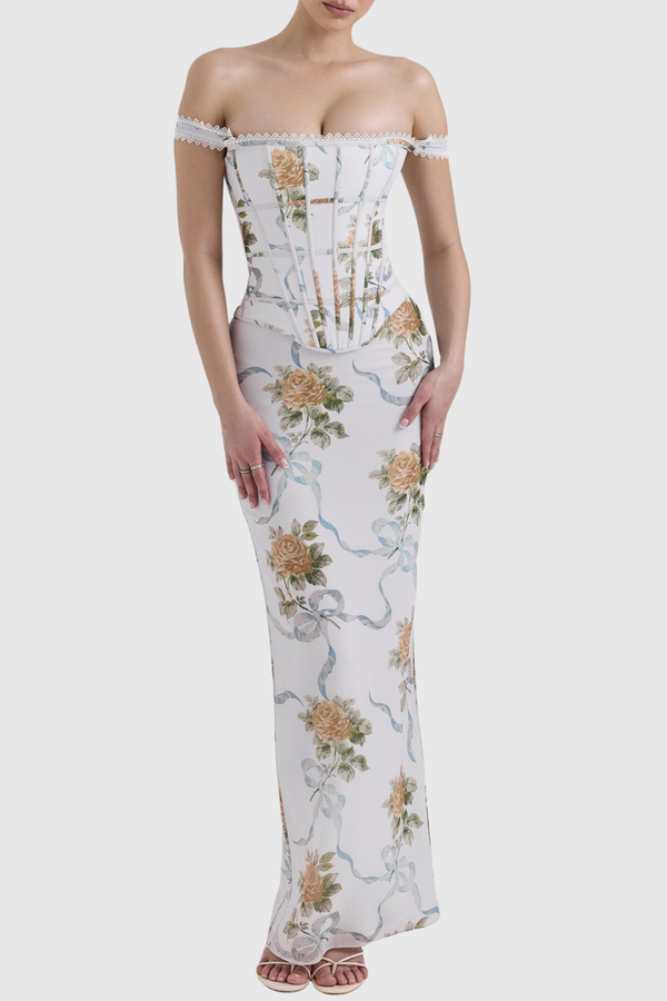 Solomon vintage print corset maxi dress