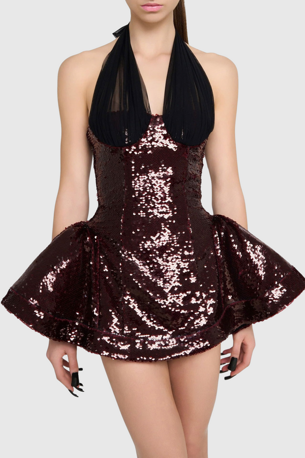Sonica Mesh Halter Sequin Mini Dress