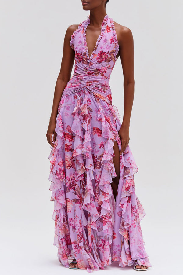 Souza Floral Halter Ruffle Tulle Maxi Dress
