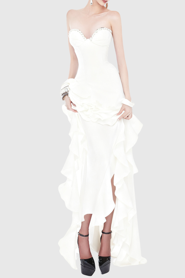 Takara Strapless Ruffle Maxi Dress - White