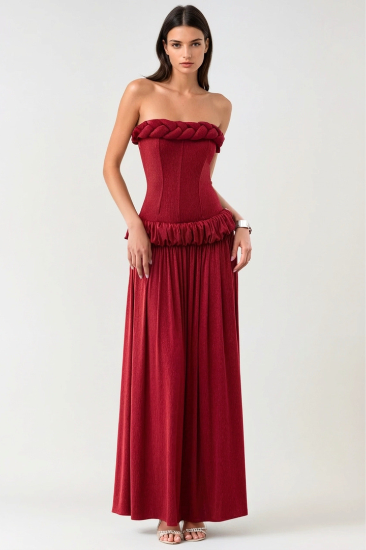 Tandena Strapless Rope Ruched Maxi Dress - Red – SeenSense