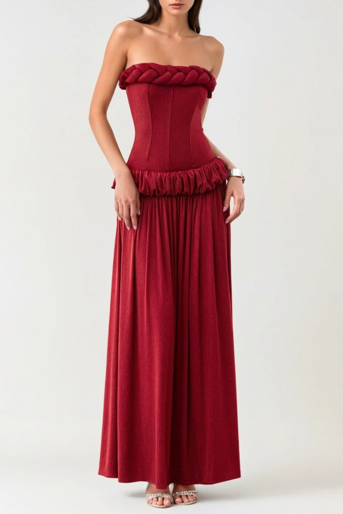 Tandena Strapless Rope Ruched Maxi Dress - Red – SeenSense