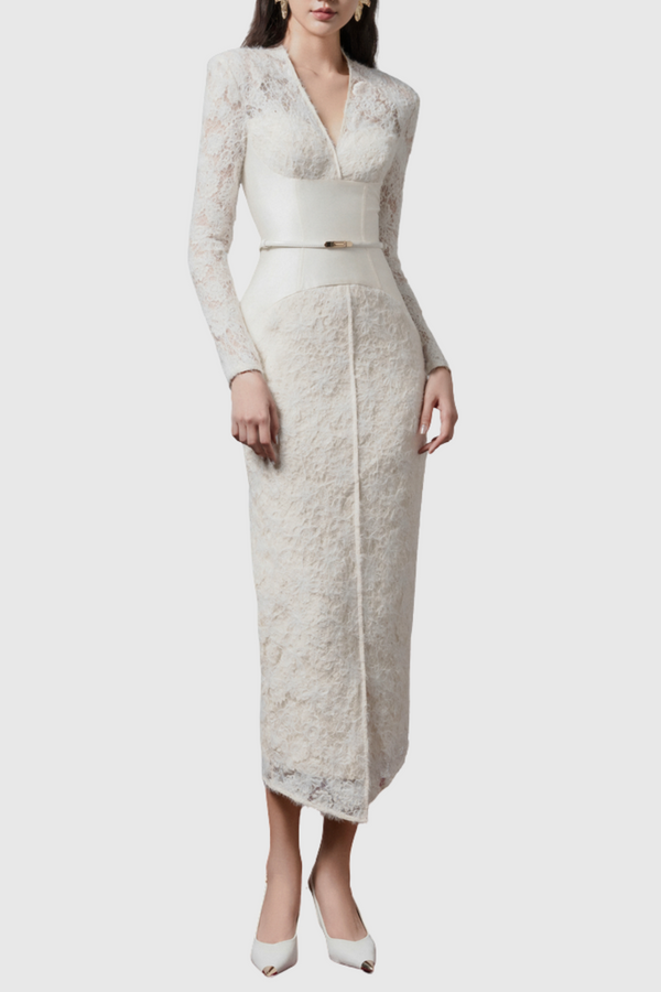 Thadda Lace Corset Belted Midi Dress