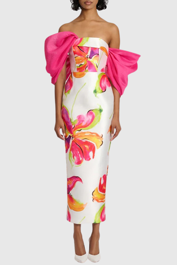 Thana Floral Print Off Shoulder Midi Dress