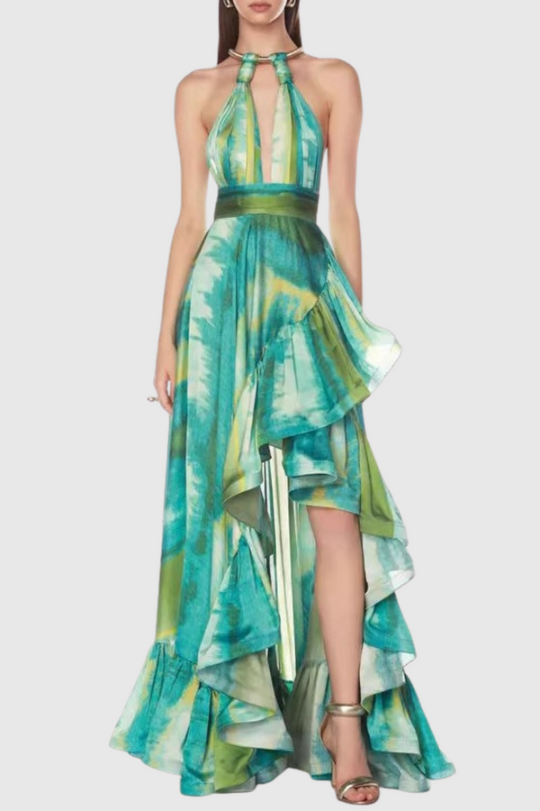 Thata Halter Printed Cutout Ruffle Maxi Dress