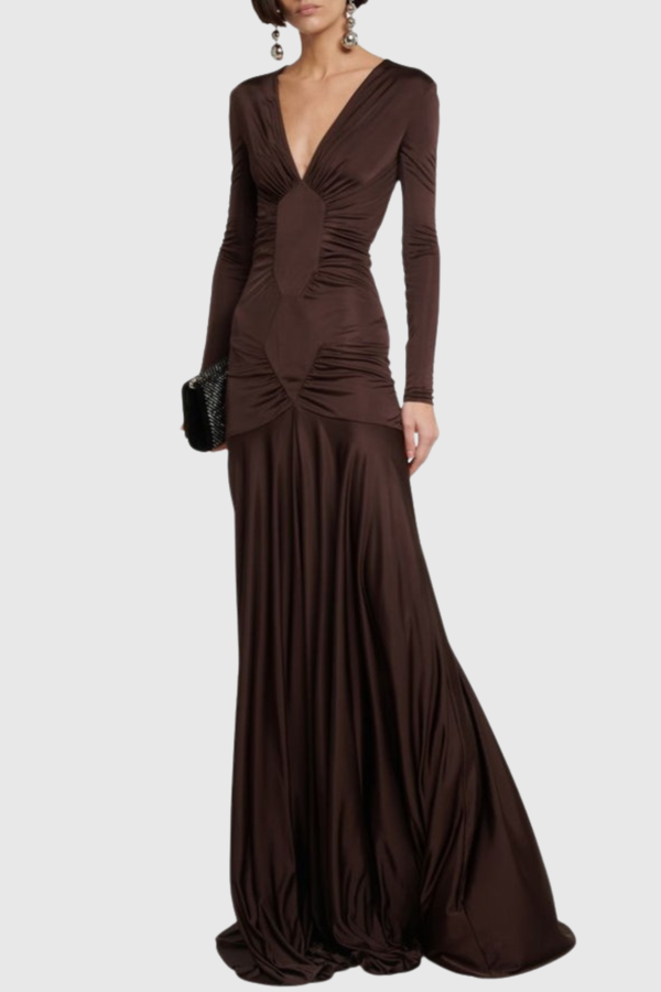 Tilly Ruched Maxi Dress - Brown