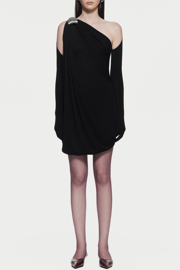 Tobala One Shoulder Asymmetrical Draped Mini Dress - Black
