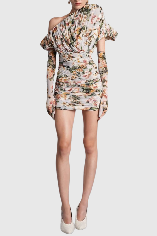 Tyson Floral Print Asymmetric Ruched Mini Dress