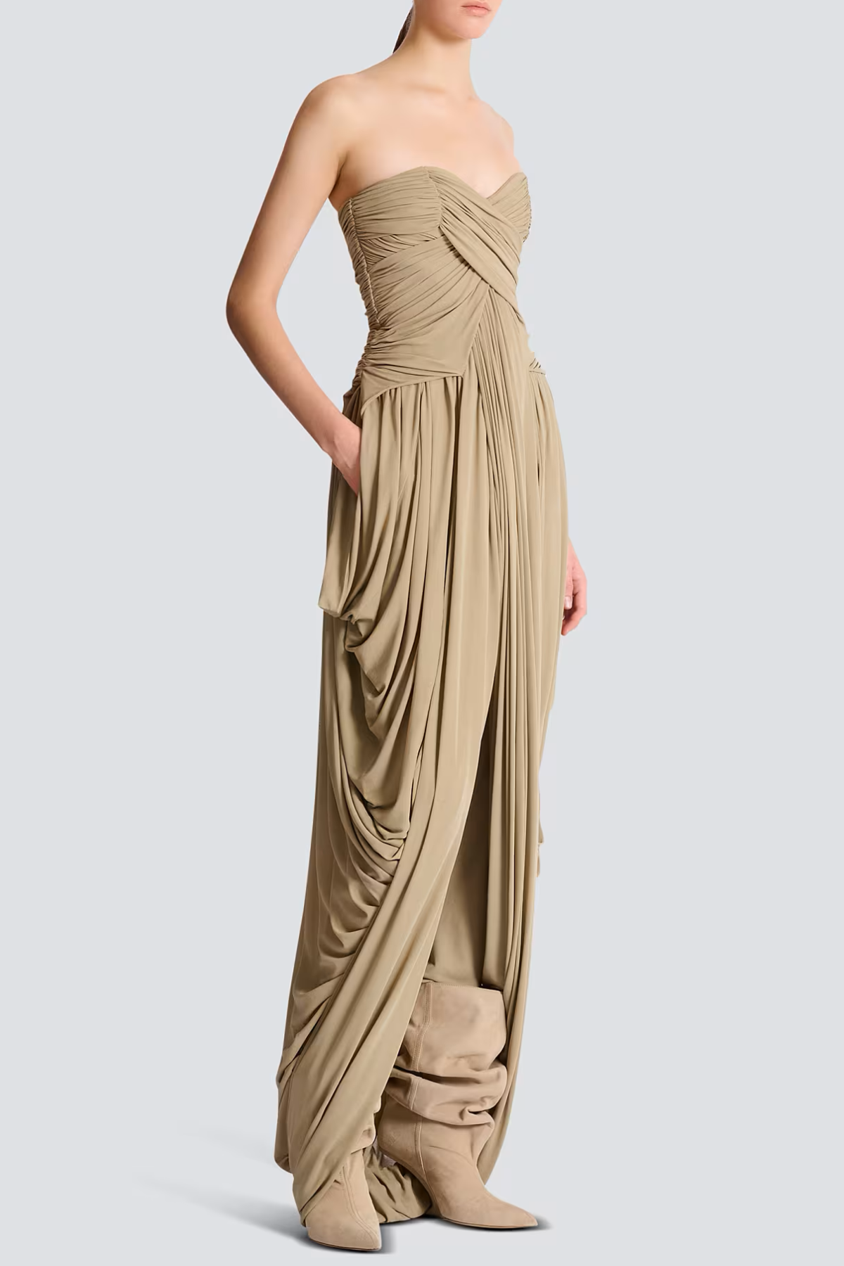 Xeniay Strapless Asymmetric Draped Maxi Dress