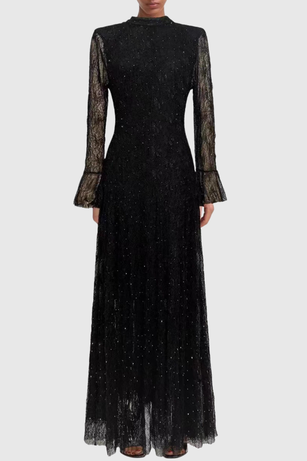 Yamila Lace Crystal Embellished Maxi Dress - Black