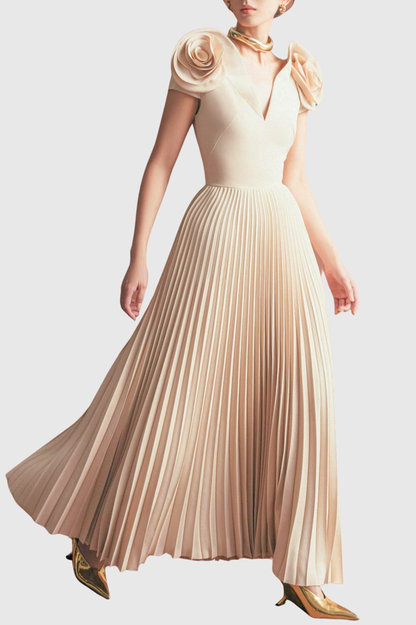 Yarra Rose Pleated Midi Dress - Beige
