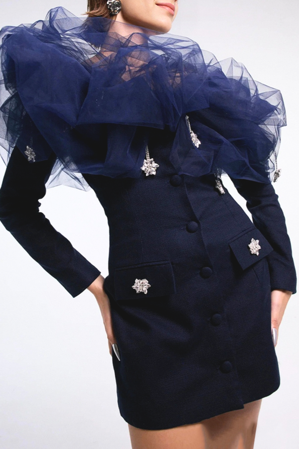 Zada Mesh Cloud Off Shoulder Mini Dress - Navy