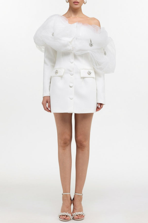 Zada Mesh Cloud Off Shoulder Mini Dress - White