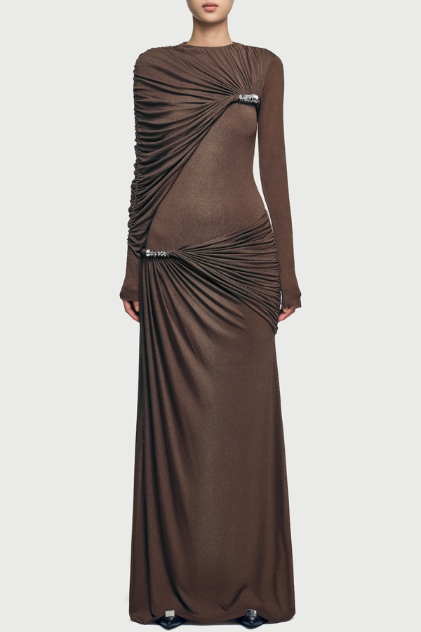 Zamir Asymmetric Ruched Maxi Dress - Brown