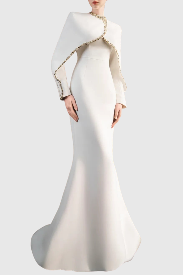 Zayne Crystal Embellished Cape Maxi Dress - White