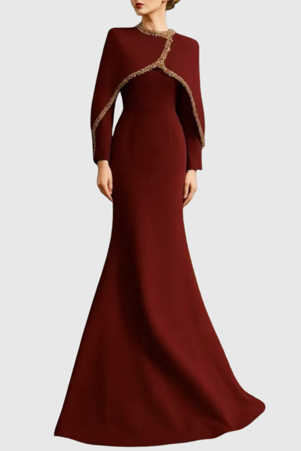Zayne Crystal Embellished Cape Maxi Dress - Wine