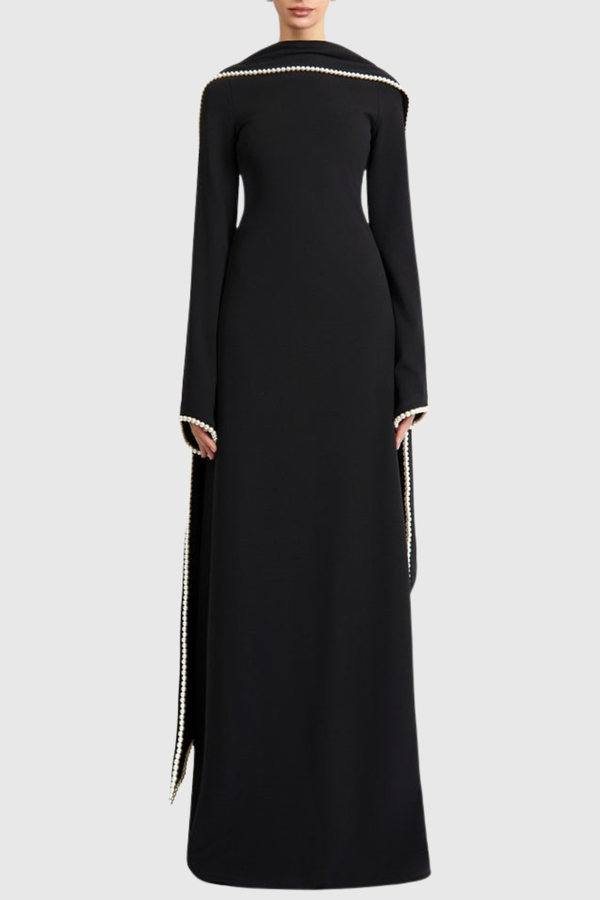 Zisel Pearl Trim Shawl Maxi Dress - Black