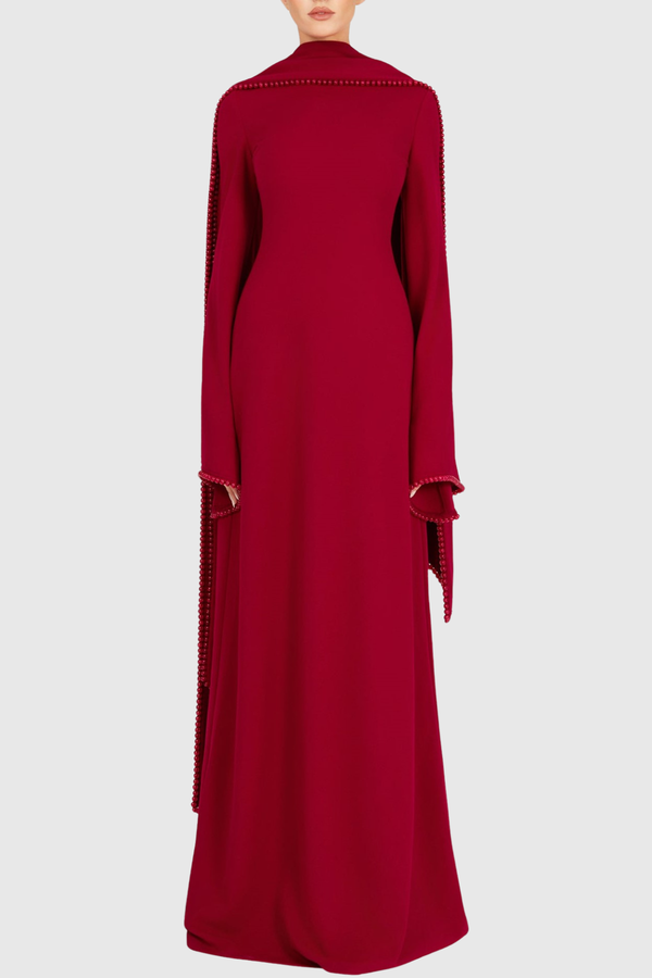 Zisel Pearl Trim Shawl Maxi Dress - Red