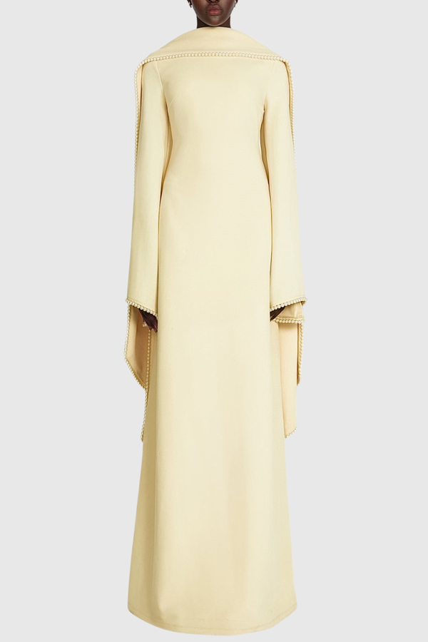 Zisel Pearl Trim Shawl Maxi Dress - Yellow