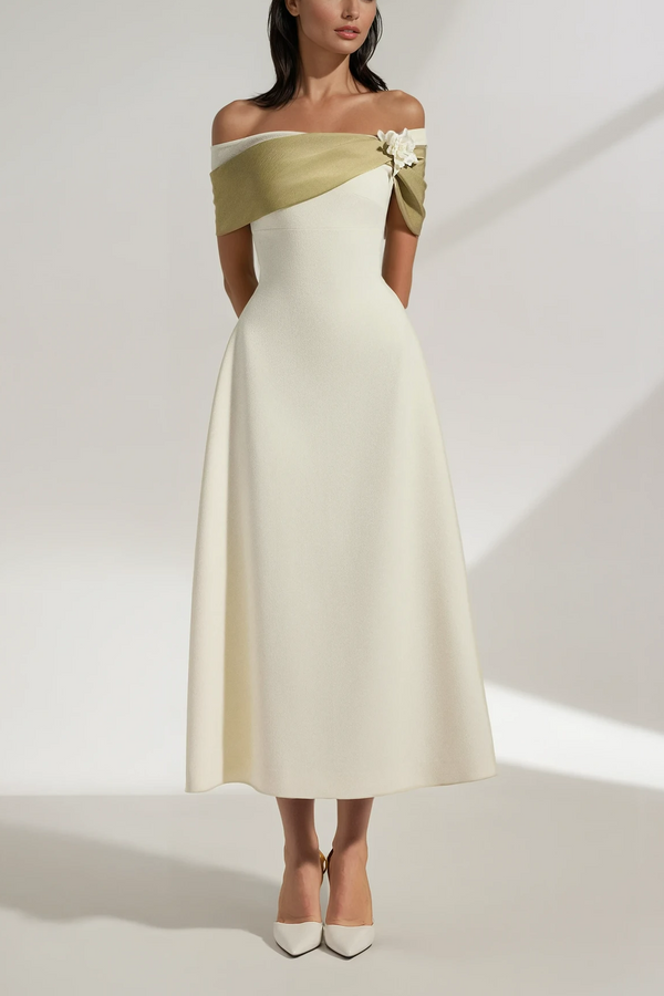 Cicek Floral Appliqué Off Shoulder Midi Dress